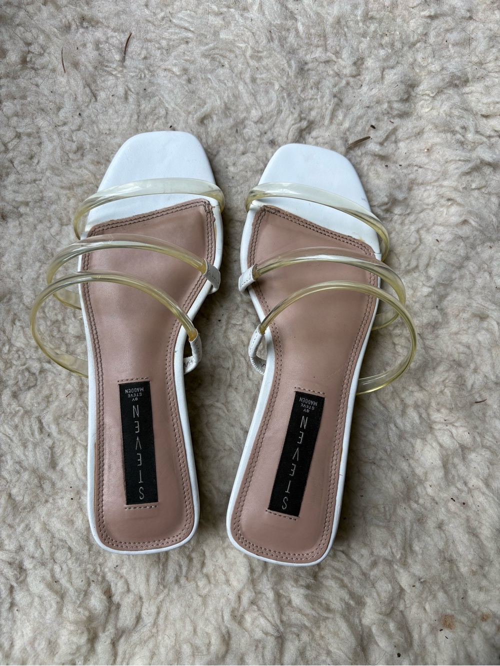 Steve Madden White and Nude Square-Toe Heeled Sandals with Clear Straps